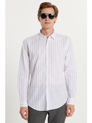 Erkek Slim Fit Dar Kesim Düğmeli Spor Yaka Keten Efekt %100 Pamuk Mavi Çizgili Yazlık Gömlek