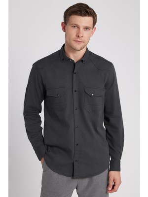 Tudors Erkek Regular Fit Rahat Kesim Çift Cepli Spor Yaka Denim Haki Gömlek