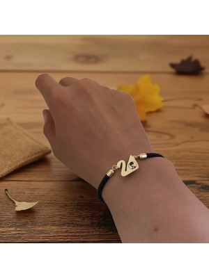 14 Ayar Altın Plakalı Atatürk Temalı Kuğu Kuşu Motifli Siyah Derili Hediye BILEKLIK-606SEMBOL