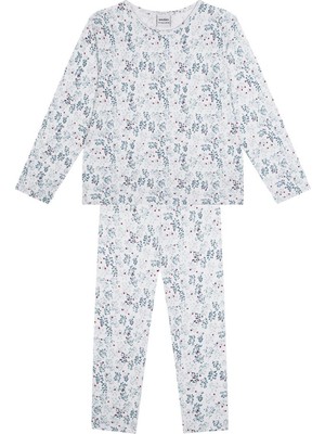 Antebies Organik Beyaz Kış Bahçesi Çiçek Desenli Beli Lastikli Uzun Kollu Kız Çocuk Pijama Takımı