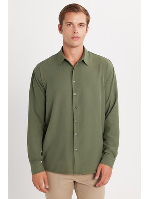 Oversize Mevsimlik Keten Dokulu Bol Kalıp Uzun Kollu Rahat Kullanım Erkek Haki Gömlek