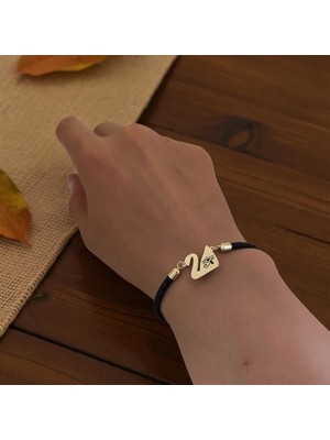 14 Ayar Altın Plakalı Şans Temalı Siyah Derili Kuğu Kuşu Motifli Hediye BILEKLIK-606SEMBOL