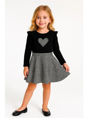 Ekoseli Kalp Nakışlı Etekli Kız Çocuk Takım 20455