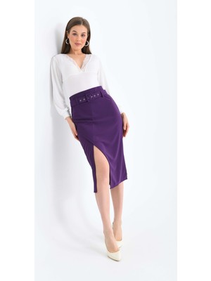 Kadın Mor Kemer ve Yırtmaç Detaylı Yüksek Bel Midi Örme Etek