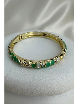 Özel Seri Mineli Oval Detaylar Taşlı Kelepçe Bileklik (Çapı:6cm)