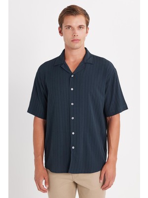 Erkek Relax Fit Rahat Kesim Çizgili Apaş Yaka Kısa Kollu Koyu Yeşil Gömlek