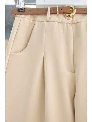 Pileli Cepli Kemerli Bilek Pantolon -Bej