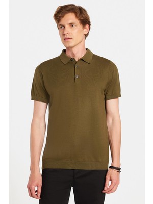 Erkek Slim Fit Dar Kesim Pamuklu Örme Triko Haki Polo Yaka Tişört