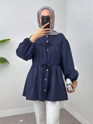 Taşlı Düğmeli Kolu Lastikli Bağlama Detaylı Gömlek -Laci