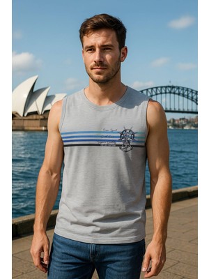 Erkek %100 Pamuk Bisiklet Yaka Çapa Baskılı Kolsuz T-Shirt
