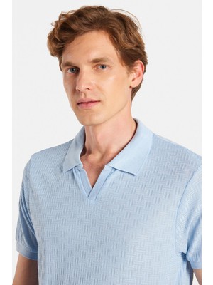 Erkek Slim Fit Dar Kesim Viskon Kumaş Desenli Düz Pike Düğmesiz Açık Mavi Polo Yaka Tişört