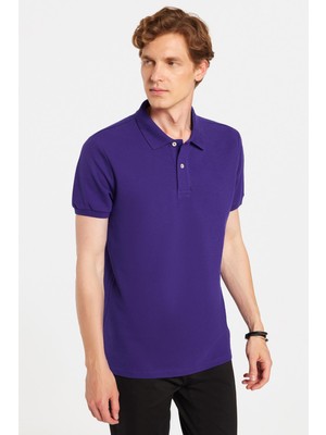 Erkek Slim Fit Dar Kesim %100 Pamuk Mor Polo Yaka Tişört