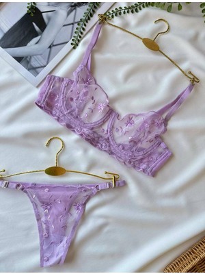 Özel Lila Çiçek Işlemeli, Brode, Tül Sütyen Iç Çamaşır Takımı