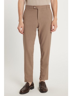 Tudors Erkek Slim Fit Dar Kesim Kahverengi Pantolon Esnek Yan Cepli Polyester Viskon Elastan Kumaş