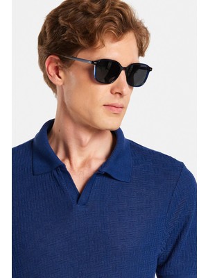 Erkek Slim Fit Dar Kesim Viskon Kumaş Desenli Düz Pike Düğmesiz Lacivert Polo Yaka Tişört