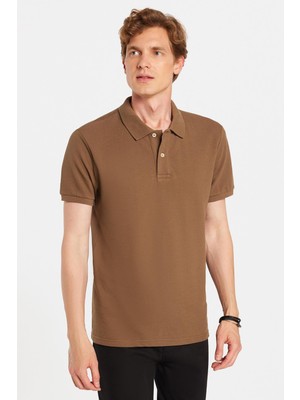 Erkek Slim Fit Dar Kesim %100 Pamuk Kahverengi Polo Yaka Tişört