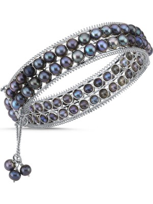 Çift Sıra Doğal Siyah Inci Kelepçe Bileklik