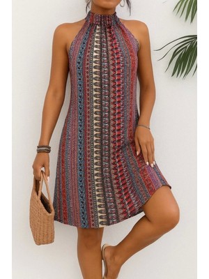 Kadın Kolsuz Boyundan Askılı Desenli Midi Süprem Elbise