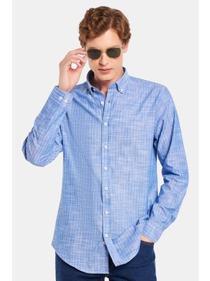 Erkek Slim Fit Dar Kesim Düğmeli Spor Yaka Keten Efekt %100 Pamuk Çizgili Yazlık Lacivert Gömlek