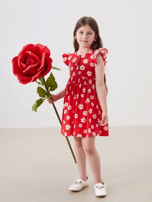 Lcw Kids Kirmizi Bisiklet Yaka Çiçekli Kız Çocuk Poplin Elbise