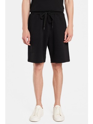 Erkek Relax Fit Rahat Kesim Yandan Cepli siyah Bermuda Şort
