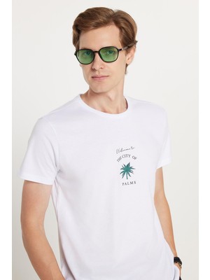 Erkek Slim Fit Dar Kesim %100 Pamuk Yumuşak Dokulu Baskılı Beyaz Bisiklet Yaka Tişört
