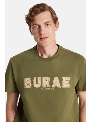 Relax Fit Rahat Kesim %100 Pamuk Ön Nakış Detaylı Bisiklet Yaka yeşil Erkek Tişört