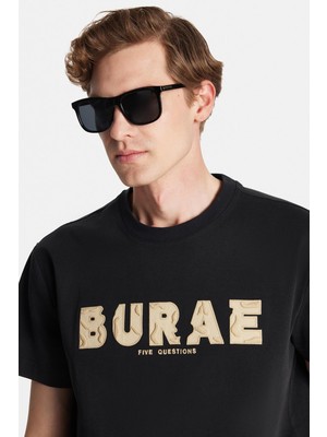 Relax Fit Rahat Kesim %100 Pamuk Ön Nakış Detaylı Bisiklet Yaka siyah Erkek Tişört