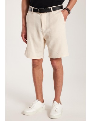 Erkek Regular Rahat Kesim Yandan Cepli Fermuarlı Bermuda Bej Şort