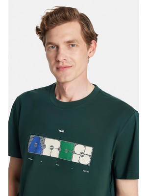 Relax Fit Rahat Kesim Pamuklu Ön Baskı Detaylı Bisiklet Yaka yeşil Erkek Tişört