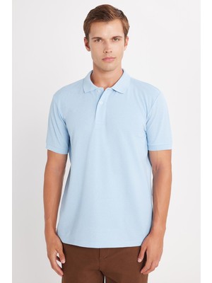 Erkek Regular Fit Klasik Kesim Pamuklu Yumuşak Dokulu Serin Tutan Kumaş Düz Mavi Polo Yaka Tişört