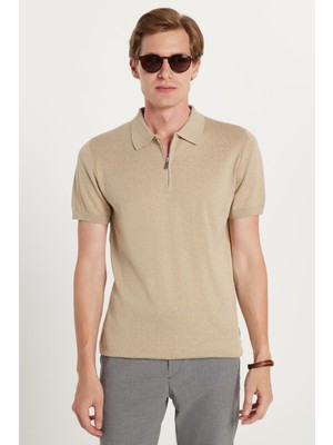 Erkek Slim Fit Dar Kesim Pamuklu Örme Triko Fermuarlı Vizon Polo Yaka Tişört