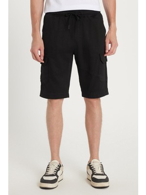 Erkek Relax Fit Rahat Kesim %100 Pamuk Kargo Cep Siyah Kapri Şort