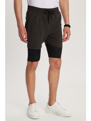 Tudors Erkek Standart Fit Normal Kesim Sporcu Taytlı Dokuma Haki Şort