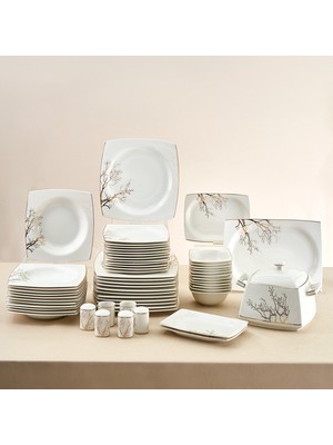 Karaca Square Bone Autumn 60 Parça Beyaz Kare Desenli Porselen Yemek Takımı – 12 Kişilik Şık Tasarım