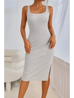 Kadın Askılı Kare Yaka Yandan Yırtmaçlı Midi Kaşkorse Elbise