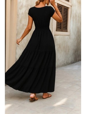 Kadın Kısa Kollu Kruvaze Yaka Beli Lastikli Süprem Maksi Boy Elbise