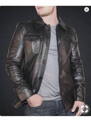 Hakiki Deri Siyah Gömlek Yakalı Düğmeli Erkek Deri Ceket