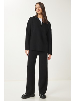 Fermuarlı Fitilli Triko Kazak Pantolon Takım LPF0092 Siyah