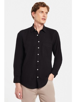 Tudors Erkek Regular Fit Klasik Kesim Oversize %100 Pamuk Keten Doku Tek Cepli Siyah Gömlek
