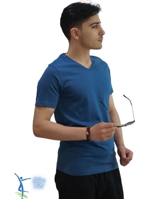 Erkek Slim Fit V Yaka Tişört - Dar Kesim Basic Günlük T-Shirt Petrol Mavi