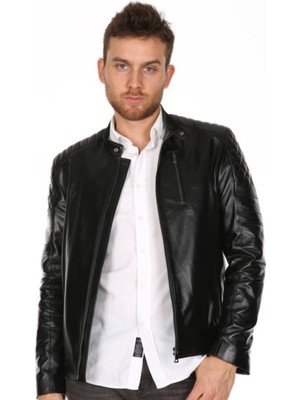 Hakiki Deri Siyah Hakim Yaka Omuz Işlemeli Erkek Deri Ceket