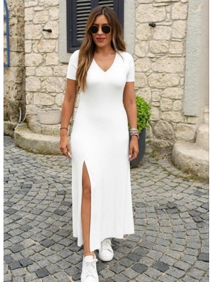 Kadın Kısa Kollu V Yakalı Maksi Boy Viskon Elbise