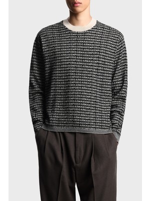 Emporio Armani Jakarlı Logo Baskılı % 100 Yün Bisiklet Yaka Kazak Erkek Kazak EM002630 AF14199 FC104