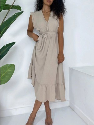 Omuzları Fırfırlı Sıfır Kol Beli Lastikli Bağcıklı Ayrobin Elbise -Vizon