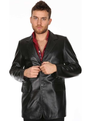 Hakiki Deri Siyah Ingiliz Üç Düğmeli Erkek Deri Ceket
