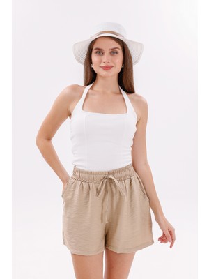 Genıus Store Kadın Şort Aerobin Pamuklu Cepli Çekmez Kumaş Beli Lastikli Şort