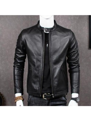 Hakiki Deri Siyah Ingliz Yaka Spor Erkek Deri Ceket