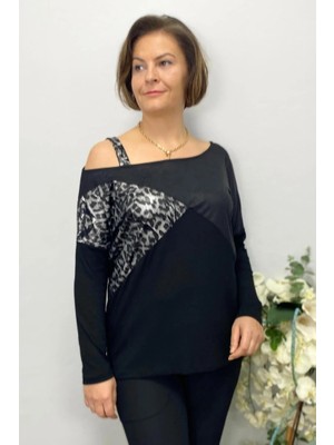 Büyük Beden Siyah Tek Omuz Leopar Detaylı Bluz