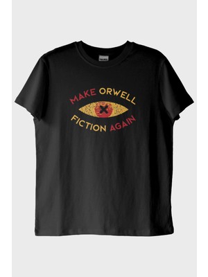 Nuugg Distopya Ilhamlı 'MAKE Orwell Fiction AGAIN' Minimalist Siyah Tişört